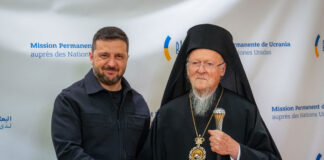 Volodymyr Zelensky and Patriarch Bartholomew.